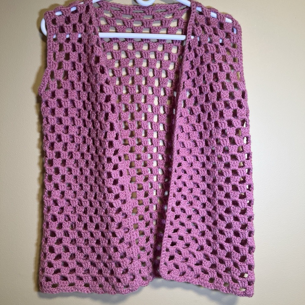 Women's Crochet Knit Vest Handmade Size Small Pink Tie Front Boho Hippie